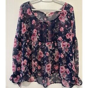 Arizona Jean Co XL Floral Boho Peasant Top Sheer Lace Front Long Sleeve